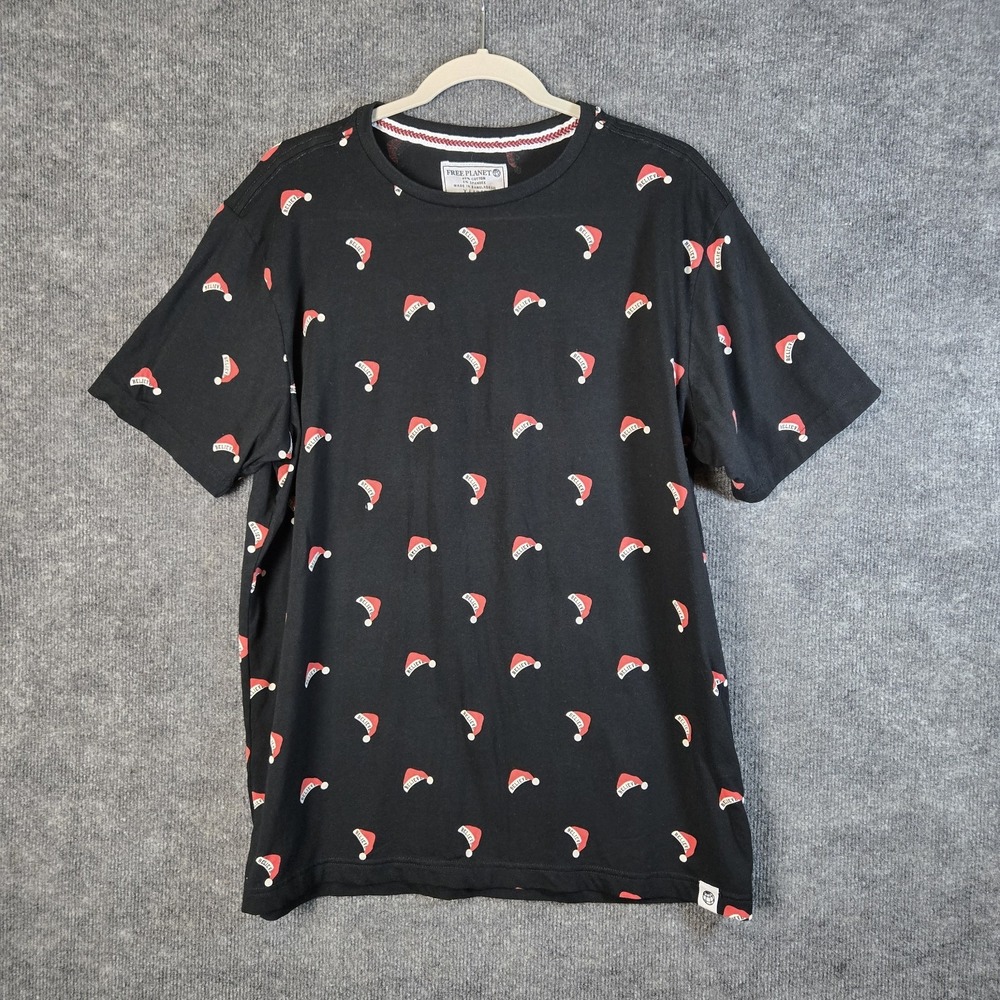 Free Planet T Shirt Mens XL Black Red Santa Hats Print Short Sleeve Festive